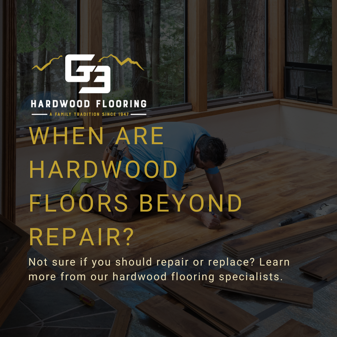 A picture of someone installing wood floors with a blog title that reads, "When Are Hardwood Floors Beyond Repair"