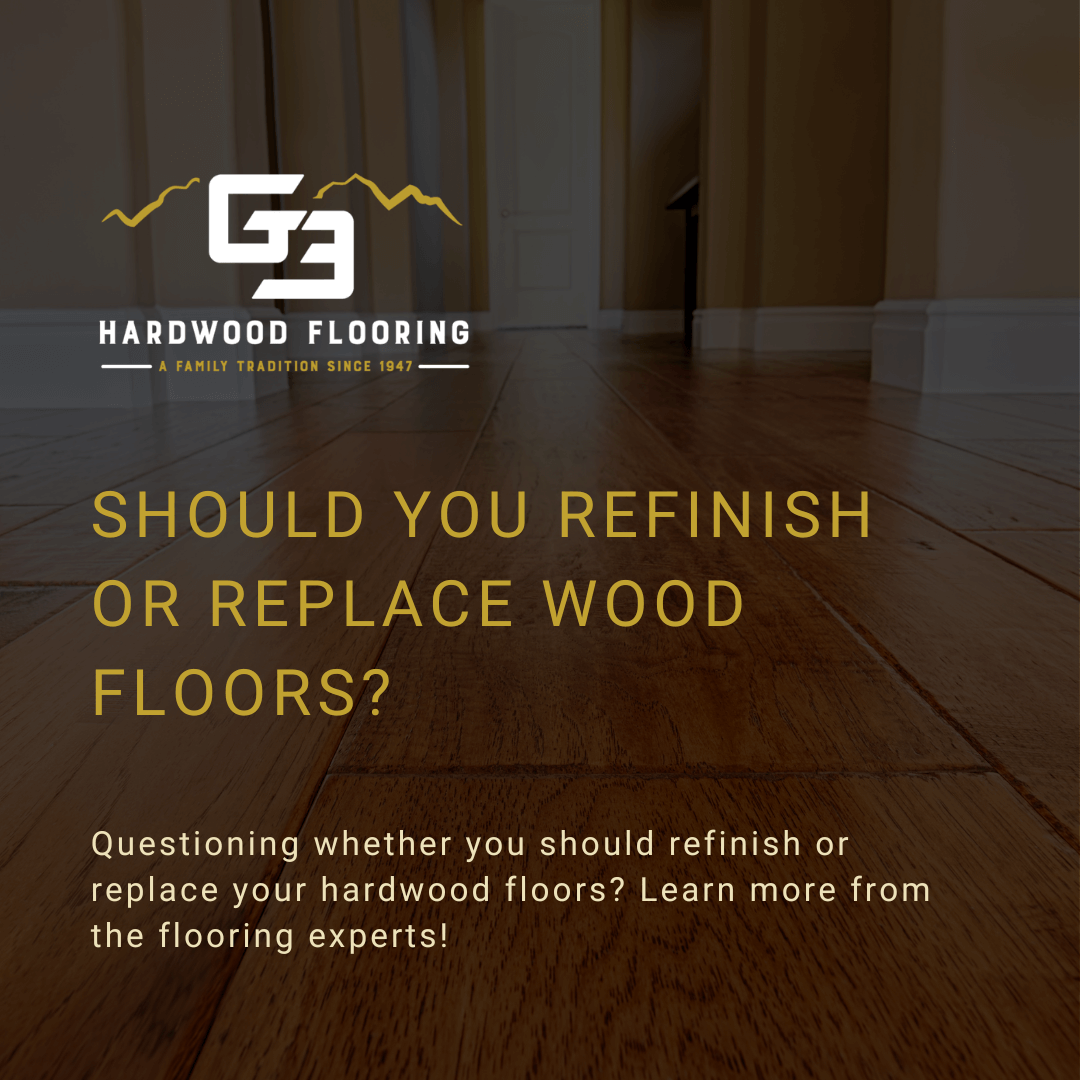 Blog graphic with title "Should You Refinish or Replace Wood Floors?"