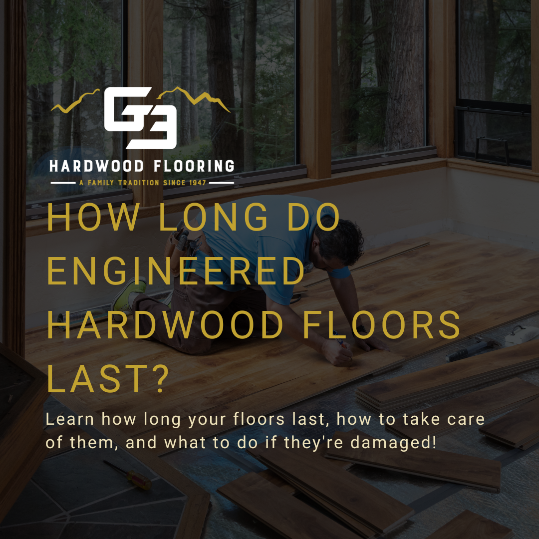 A picture of engineered hardwood floors being installed with the blog title that reads, "How Long Do Engineered Hardwood Floors Last?"